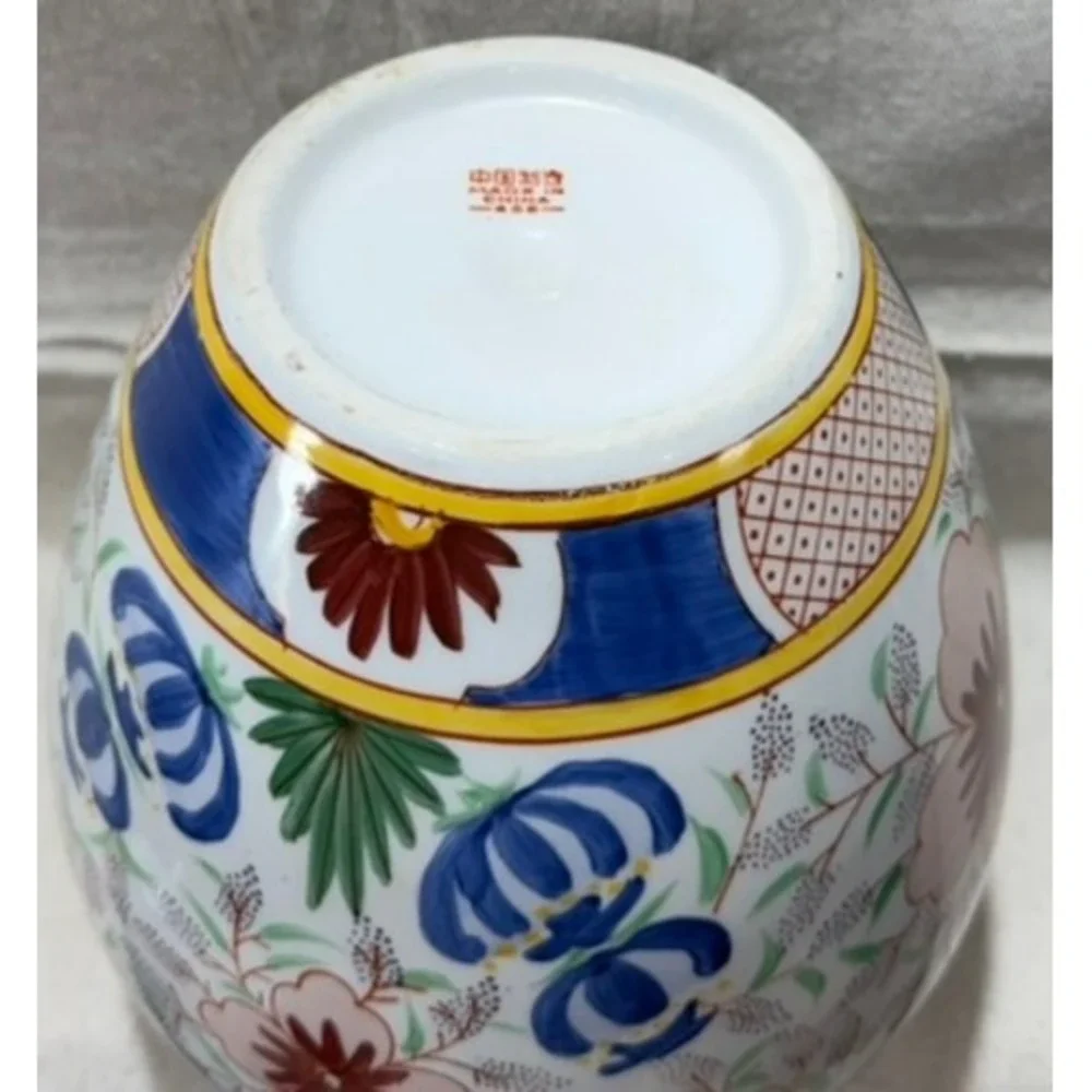 Vintage Chinese Porcelain Floral Vase Hand Painted Chinoiserie Blue Red 9 Inch